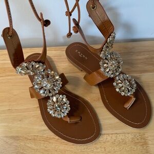 Erynn Paris Jeweled Lace Up Gladiator Strappy Ankle Gold Brown Sandals 38 7 7.5